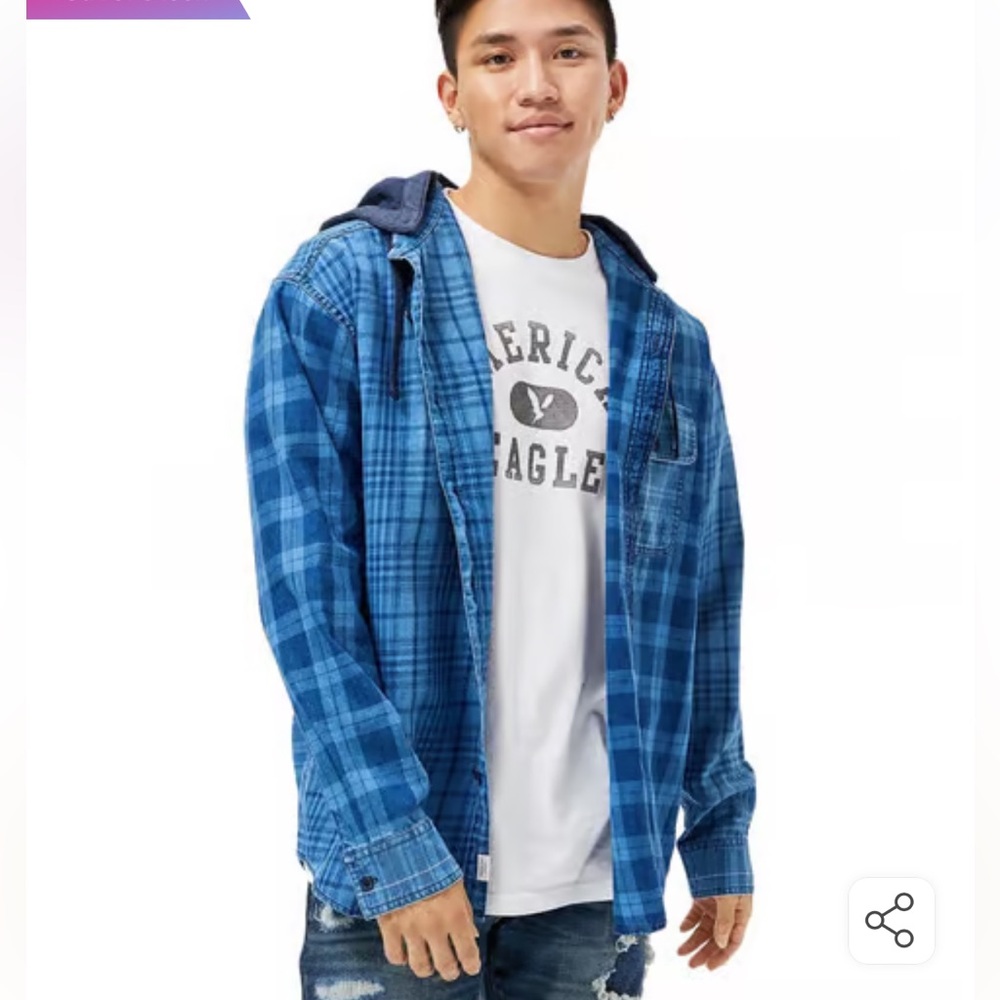 Men's Blue Plaid Shirt with hood
